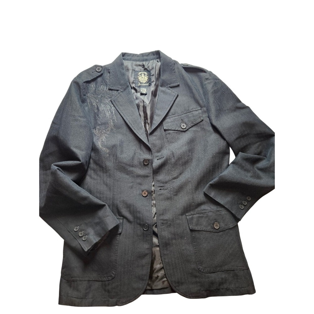 Irreverent Mens Military Blazer Jacket Gray Herringbone Embroidered Large Gothic